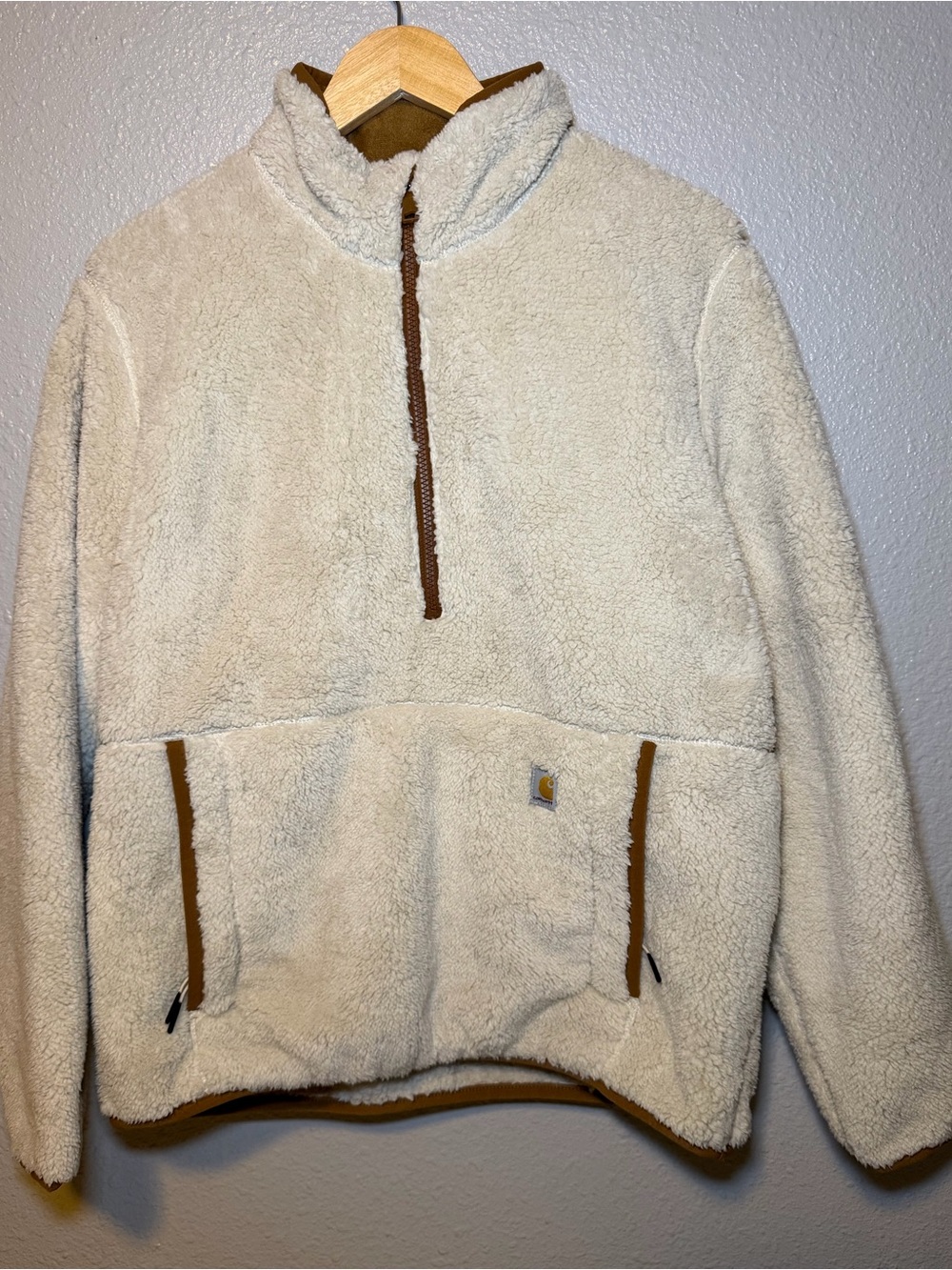 Carhartt Women’s Cream Sherpa Half-Zip Pullover with Brown Trim medium loose fit
